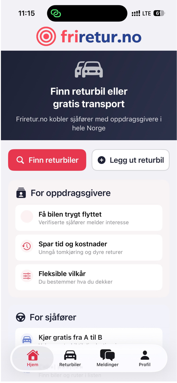 Friretur-appen viser tilgjengelige returbiler