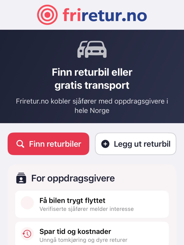Friretur-appen viser detaljer om en returbil